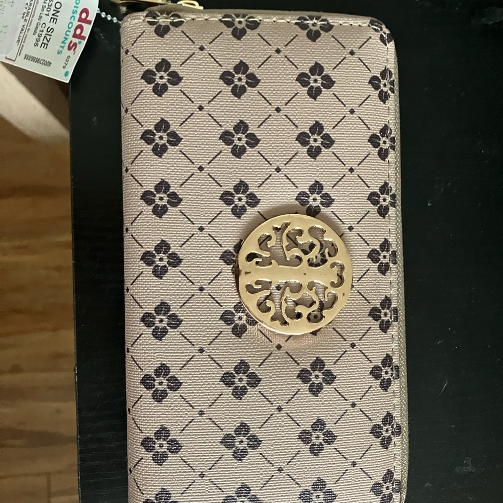 Beige Floral Patterned Zip-Around Wallet Gold Medallion Detail, Accessory